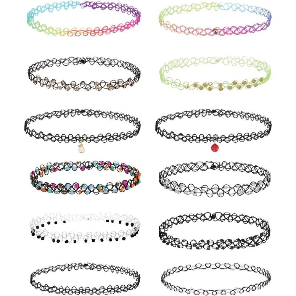 12PC Vintage Choker Necklace Set Women 90s Y2K Gothic Emo Colorful